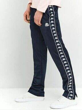 Kappa Mens Navy Blue Banda Vinal Snap Side Logo Print Track Pants Size Large